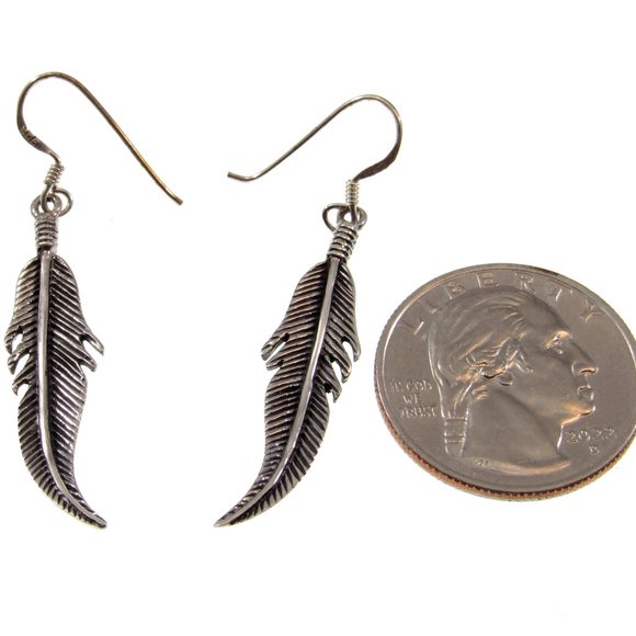 Handcrafted Solid 925 Sterling Silver Bird Feather Drop Dangle Hook Earrings - Picture 2 of 5